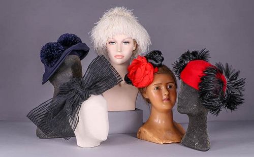 FIVE FEATHERED OR RAFFIA PARTY HATS, 1950-1960s