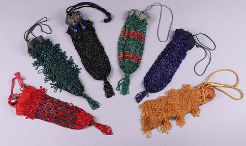 SIX BEADED & FRINGED POUCH BAGS, 1900-1920