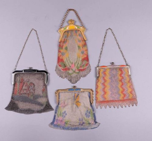 FOUR PAINTED MESH PURSES, AMERICA, 1925-1930s
