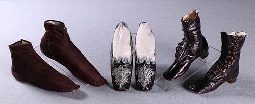 TWO PAIR BOOTS & ONE PAIR EVENING SLIPPERS, 1850-1870