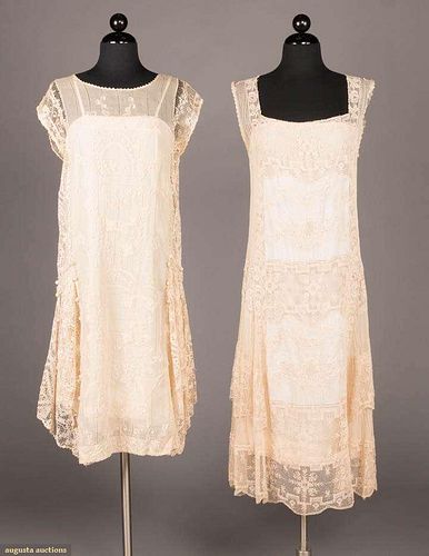 TWO FILET LACE & EMBROIDERED TEA GOWNS, c. 1923