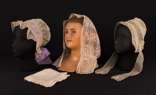 THREE LACE OR EMBROIDERED BONNETS, EARLY-MID 19TH C.