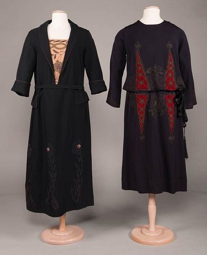 TWO TUNIC STYLE WOOL TWILL DAY DRESSES, c. 1919