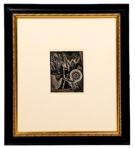 Wanda Gag Signed 1925 Woodcut "Spinning Wheel"