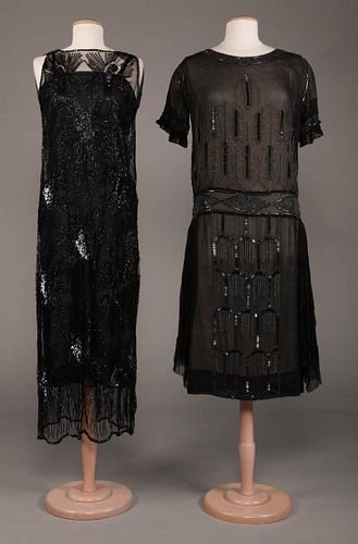 TWO BLACK BEADED EVENING DRESSES, 1920s