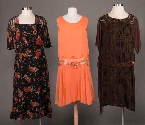 THREE SILK CREPE CHIFFON DRESSES, 1920s