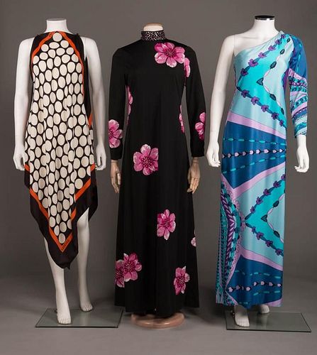 THREE MULTICOLORED OR FLORAL DRESSES, AMERICA, 1970s
