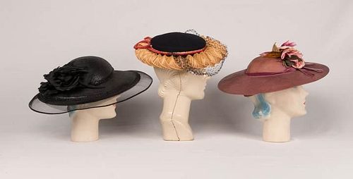 THREE DESIGNER STRAW HATS, 1950s