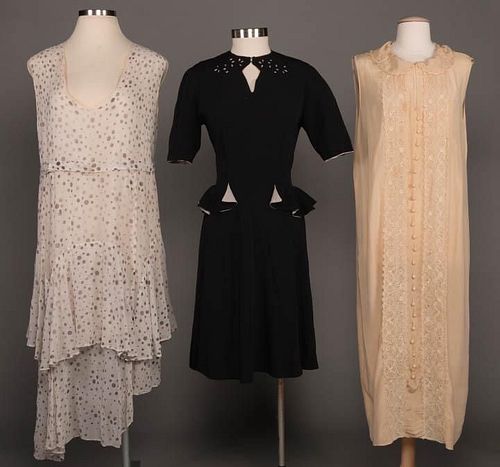 TWO DAY DRESSES & ONE TEA GOWN, 1920s & 1940s
