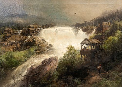 Hermann Herzog (American/German, 1832-1932), Torrent Through a Mountain Village
