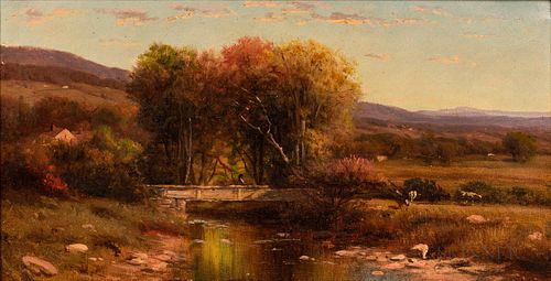 Attributed to Samuel Colman (American, 1832-1920), Autumn Vista with Figure Crossing a Bridge