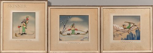 Walt Disney Studios (American, 20th Century), Three Production Cels from The Art of Skiing (1941): The First Essential is Correct Attire, The Wind-up 