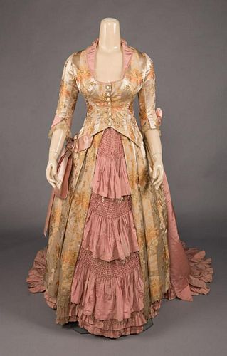 SILK BROCADE & PINK FAILLE TRAINED GOWN, 1880s