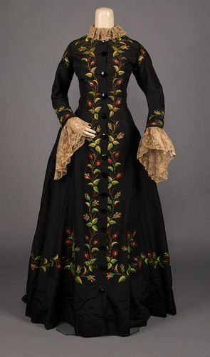 ROSEBUD EMBROIDERED AT HOME BUSTLE GOWN, LATE 1870s