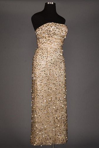 TWO PIECE BEADED & SEQUINED WHITE SILK GOWN, 1960s
