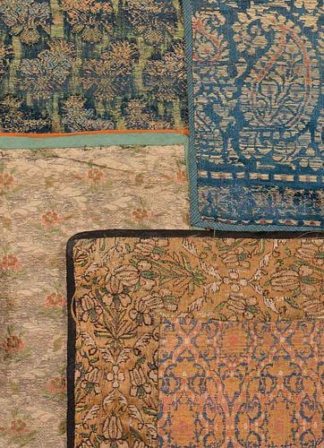 FOUR BORDERED FABRIC REMNANTS, 18TH C