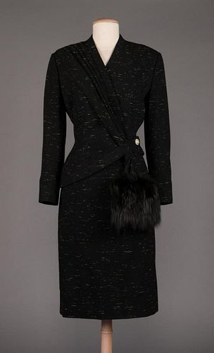 LILLI ANN BLACK WOOL & FUR TRIMMED SKIRT SUIT, c. 1950