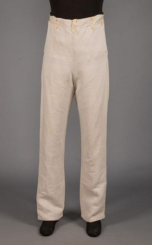 GENTS CREAM LINEN FALL-FRONT TROUSERS, AMERICAN, c.