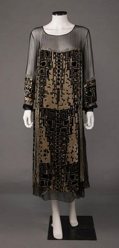 TAN & BLACK CUT VELVET EVENING DRESS, EARLY 1920s