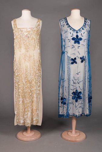 TWO NET SEQUINED TABARD EVENING GOWNS, EARLY 1920s