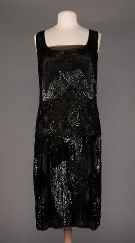 BLACK SEQUINED & BEADED EVENING GOWN, 1920s