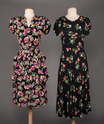 TWO FLORAL PRINTED DAY DRESSES, 1940s