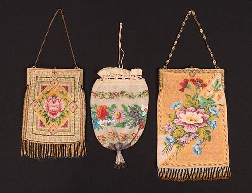 THREE FLORAL BEADED BAGS, 19TH- EARLY 20TH C