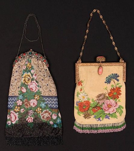 TWO FLORAL BEADED BAGS WITH JEWELED FRAMES, 1900-1920s