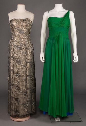 ONE LAME & ONE KELLY GREEN EVENING GOWN, 1950 & 1990