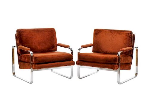 Pair of Modernist Chrome & Brown Velvet Armchairs