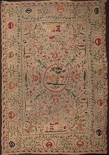 FOLK EMBROIDERED WOOL COVERLET, c. 1820