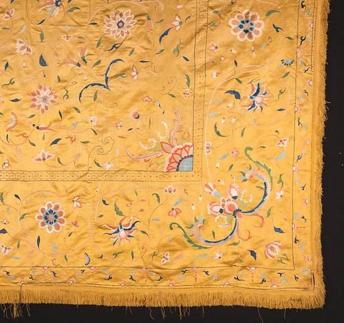 EMBROIDERED YELLOW SILK BEDCOVER, CHINA, c. 1800