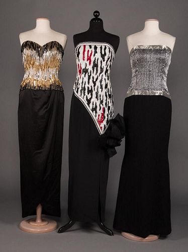 THREE BEADED STRAPLESS EVENING GOWNS, 1980s