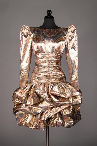 PRINTED GOLD LAME MINI POOF DRESS, LATE 1980s