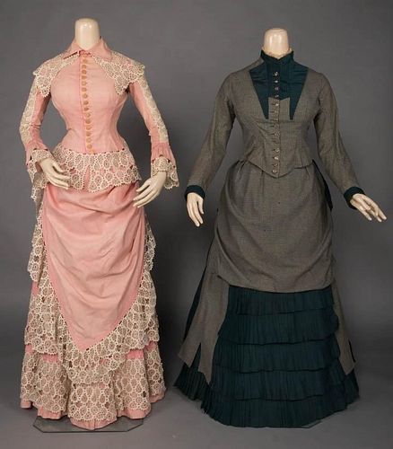 TWO BUSTLED VISITING GOWNS, 1880s
