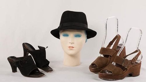 TWO PAIR KATHARINE HEPBURN SANDALS & ONE BOATER HAT,