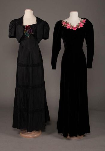 TWO BLACK EVENING GOWNS, 1930s & 1940s