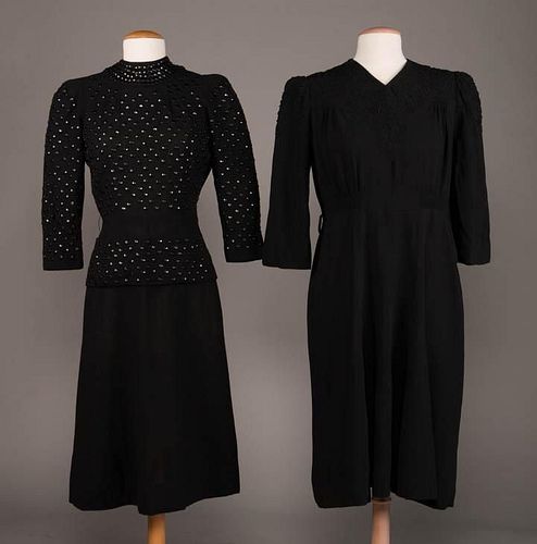 TWO BLACK WOOL DAY DRESSES, 1940s