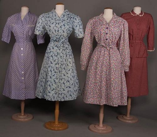 FOUR COTTON DAY DRESSES, AMERICA, 1940-1950s