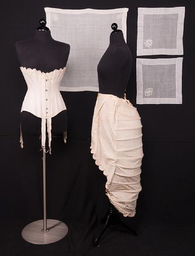 WOMENS CORSET, c. 1910 & LOBSTER TAIL BUSTLE, 1870s