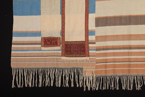 TWO WOOL PAISLEY & TWO STRIPED WOOL SCARVES, 19TH C