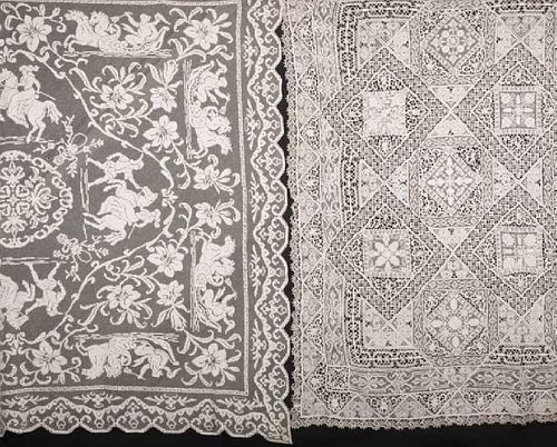 TWO HANDMADE LACE TABLE COVERS, c. 1910