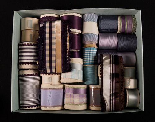 GROUP OF RIBBONS IN SHADES OF PLUM & BLUE, EARLY 20TH C