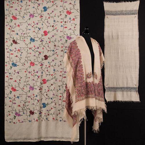 THREE EMBROIDERED PASHMINA SCARVES, KASHMIR, EARLY-MID