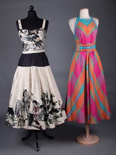PRINTED MEXICAN DRESS, 1950s & PLAID SUNDRESS, 1980s