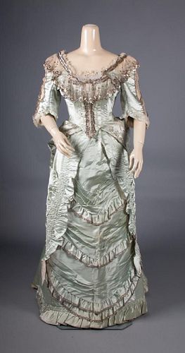 SEQUINNED BLUE SILK EVENING GOWN, 1870s