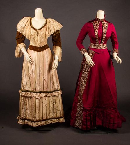 TWO SILK BUSTLE DRESSES, 1880s