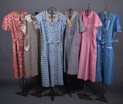 SIX COTTON DAY DRESSES, 1920-1940s