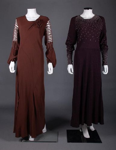 TWO BEADED BROWN EVENING GOWNS, 1930s