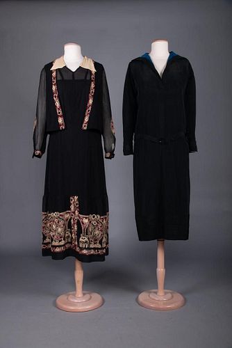 TWO BLACK SILK DAY DRESSES, c. 1930
